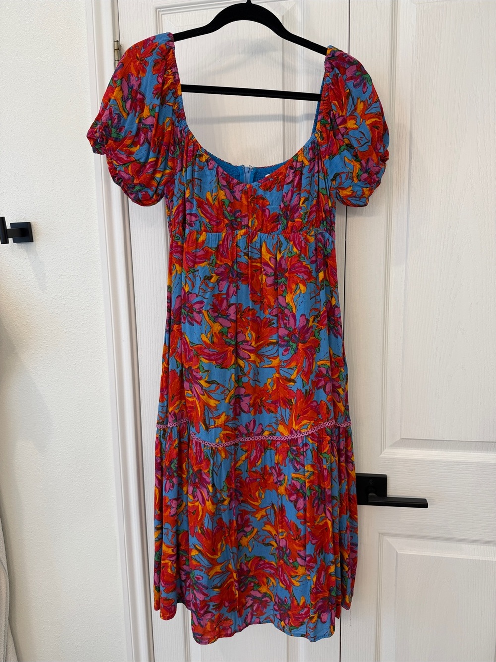 Lost + Wander Blue Floral Puff Sleeve Babydoll Midi Dress Size Small